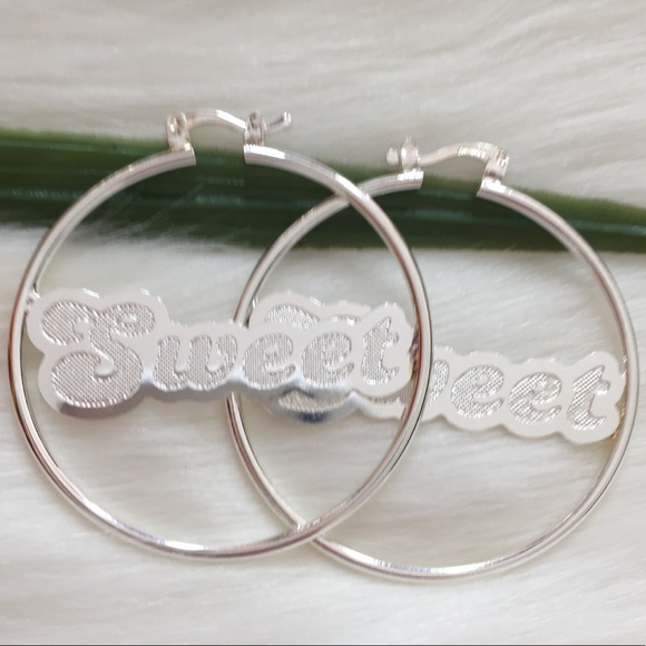 925 White Gold Filled SWEET Name Hoop Earrings - Picture 3 of 4